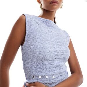 ASOS DESIGN textured slash neck top in blue